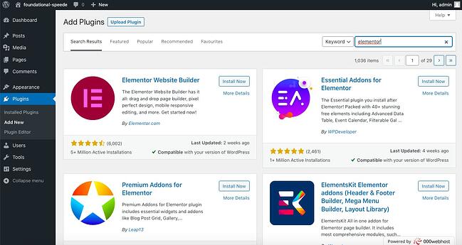 searching elementor in wordpress dashboard to install now