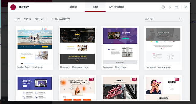 Elementors template library with various page templates to choose from