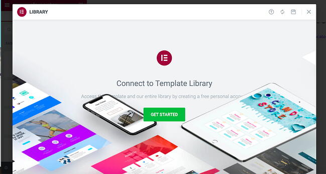 Page prompting user to connect to Elementor template library