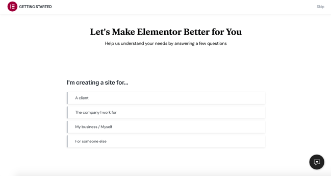 how to install elementor via elementor.com: answer questions about website goals and experience