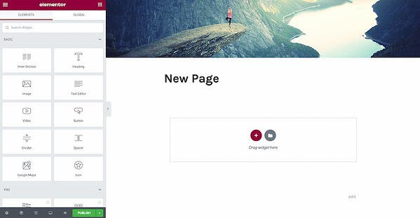 Elementor page editor with a widget library to the right and the new page's content to the left