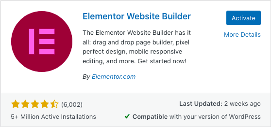 Elementor plugin card inside WordPresss plugin library with a button saying Activate