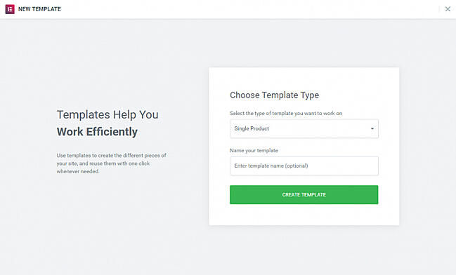 Form to create single product template in elementor dashboard