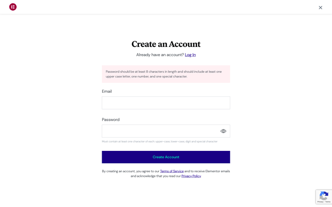 how to install elementor via elementor.com: enter email address and password to create an account