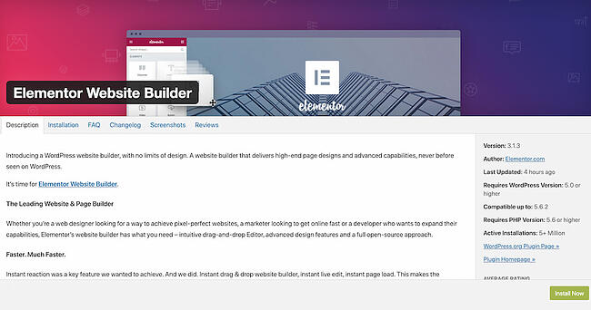 Elementor's plugin page on WordPress' plugin library with the heading "Elementor Website Builder"