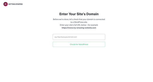 how to install elementor via elementor.com: Elementor installation wizard prompting users to enter their website domain to check whether it's hosted on WordPress