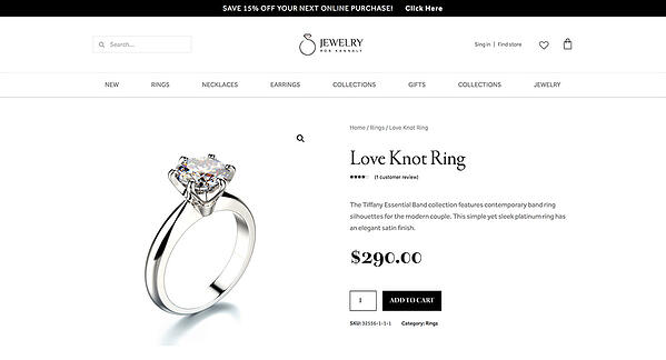 Product page example built with Elementor and containing the image of a ring and the heading "Love Knot Ring"